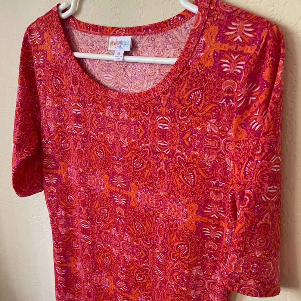 Size M LuLaRoe Julia fitted dress, gorgeous vibrant pink and orange print